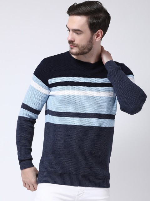 

COBB Men Navy Blue Striped Pullover Sweater