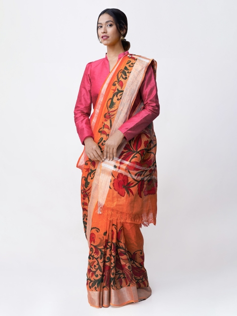 

Unnati Silks Orange & Red Handloom Pure Linen Printed Sustainable Saree