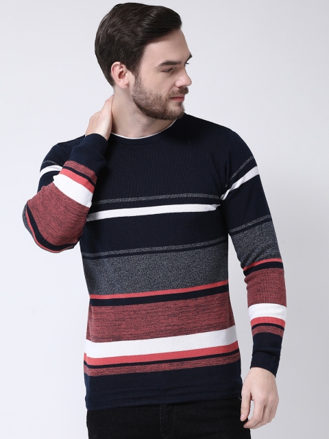 

COBB Men Navy Blue Striped Pullover Sweater