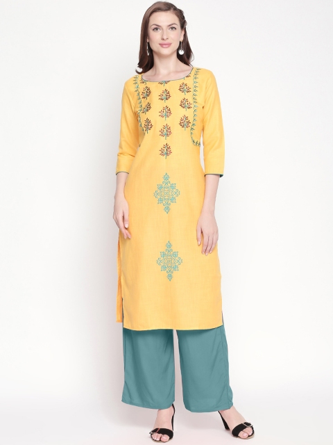 ZRI Women Yellow & Green Embroidered Straight Kurta