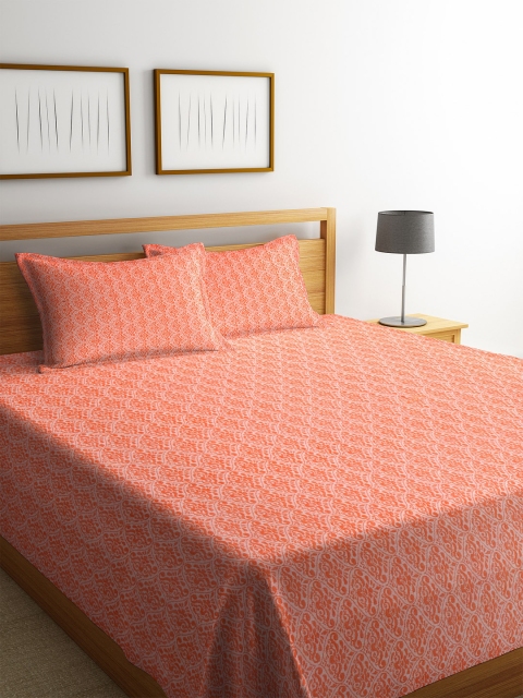 

KLOTTHE Unisex Orange Printed Double Bed Cover With 2 Pillow Covers