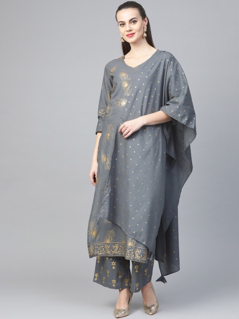 

Yuris Women Grey & Gold-Toned Printed Kurta with Palazzos & Dupatta