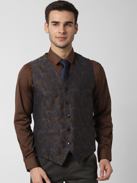 

Peter England Men Brown & Blue Woven Design Waistcoat