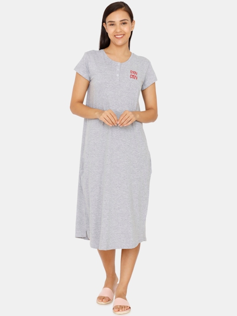 

Zivame Grey Melange Solid Pure Cotton Sleep Shirt
