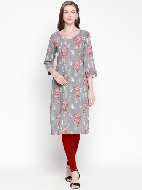 

ZRI Women Grey & Pink Printed Straight Kurta
