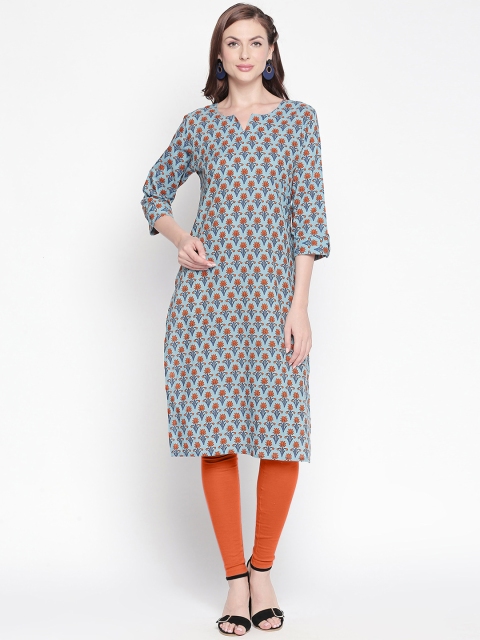 

ZRI Women Blue & Orange Printed Straight Kurta