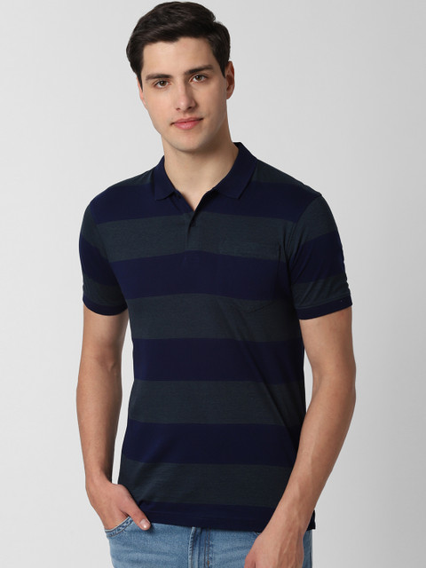 

Peter England Casuals Men Navy Blue Striped Polo Collar T-shirt
