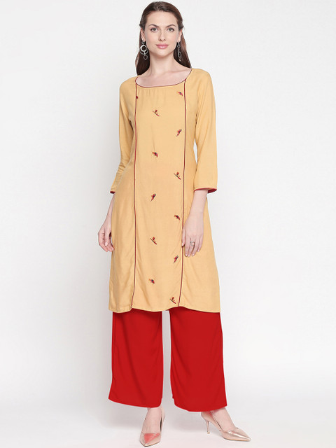 

ZRI Women Beige & Red Embroidered Straight Kurta