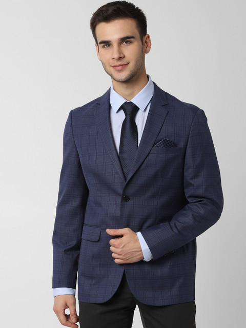 

Peter England Men Navy Blue Checked Slim-Fit Single-Breasted Formal Blazer