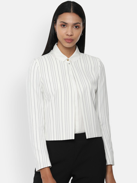 

Van Heusen Woman White & Grey Striped Collarless Single Breasted Blazer