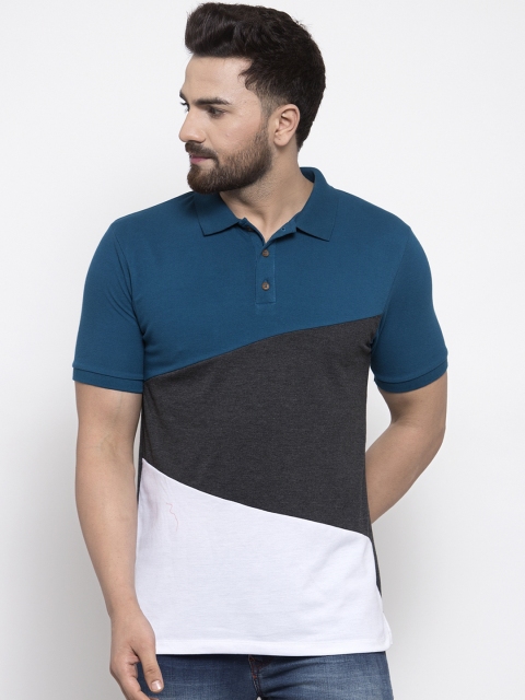 

Kalt Men Teal Blue Colourblocked Polo Collar T-shirt