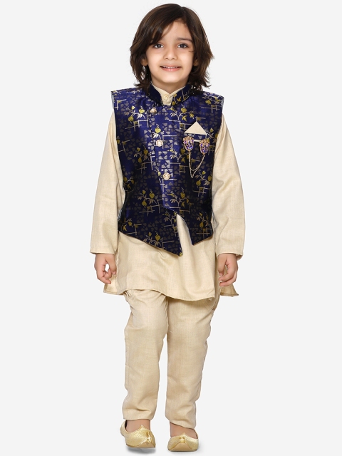 

Aj DEZInES Boys Beige & Navy Blue Printed Kurta with Pyjamas & Nehru Jacket
