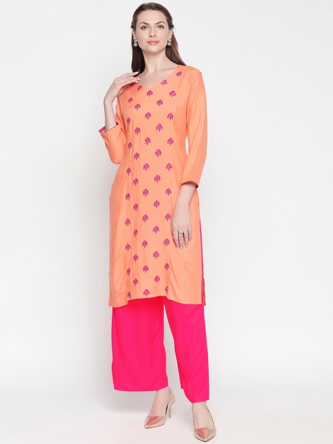 

ZRI Women Peach-Coloured & Fuchsia Embroidered Straight Kurta