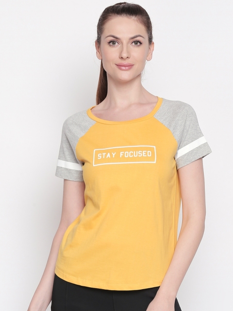 

Ajile by Pantaloons Women Yellow Grey Printed Round Neck Pure Cotton T-shirt