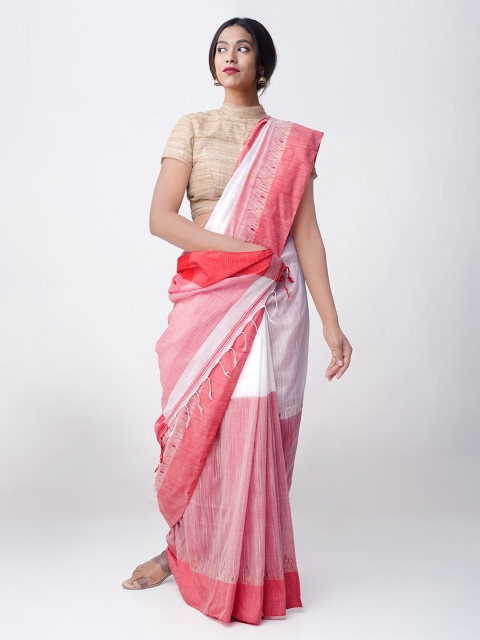 

Unnati Silks Red & White Handloom Pure Linen Striped Sustainable Saree