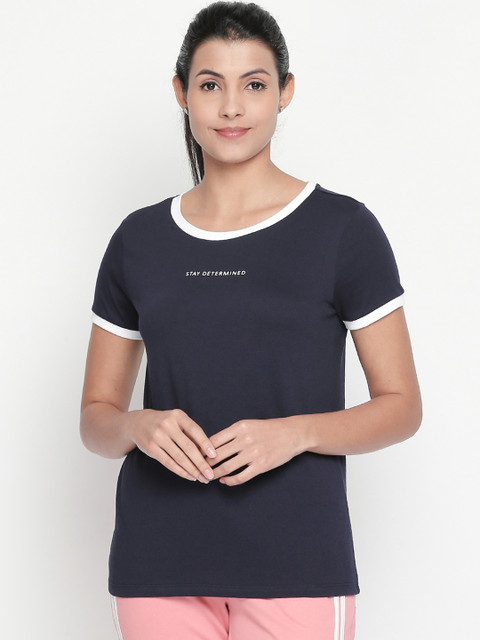 

Ajile by Pantaloons Women Navy Blue Printed Round Neck Pure Cotton T-shirt