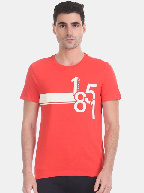 

Arrow Sport Men Coral Red Printed Round Neck T-shirt