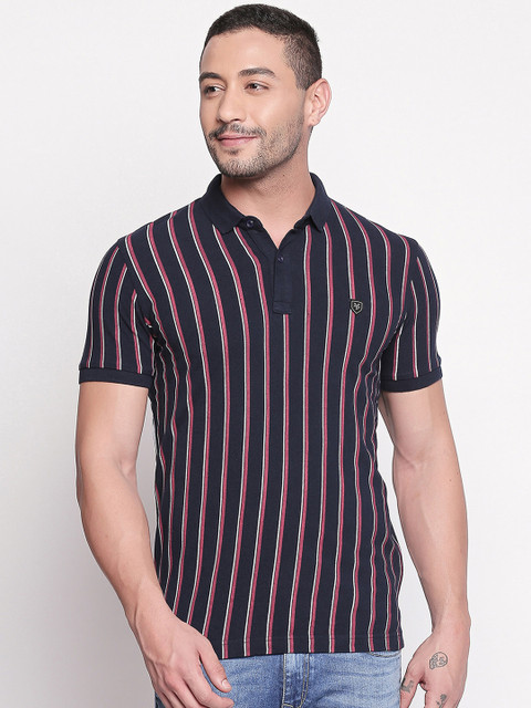 

Mufti Men Navy Blue Maroon Striped Polo Collar Pure Cotton T-shirt