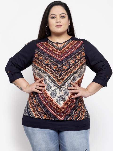 

plusS Women Navy Blue & Beige Printed Top