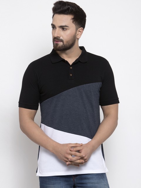 

Kalt Men Black & White Colourblocked Polo Collar T-shirt
