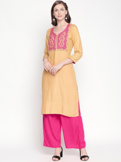 

ZRI Women Beige & Pink Embroidered Straight Kurta