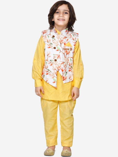 

Aj DEZInES Boys Yellow & White Printed Kurta with Pyjamas & Nehru Jacket