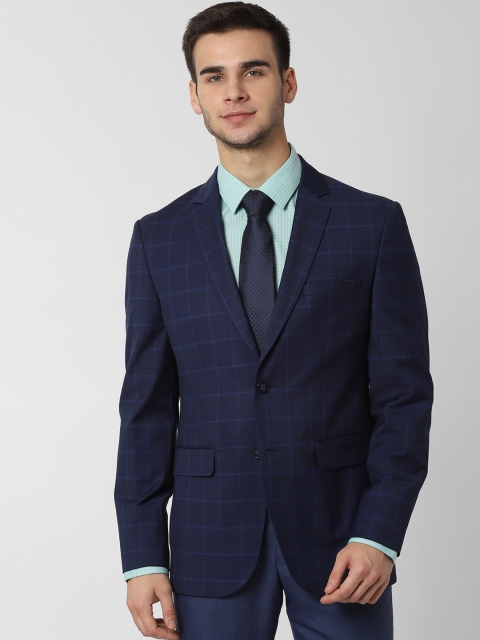 

Peter England Men Blue Checked Slim-Fit Single-Breasted Casual Blazer