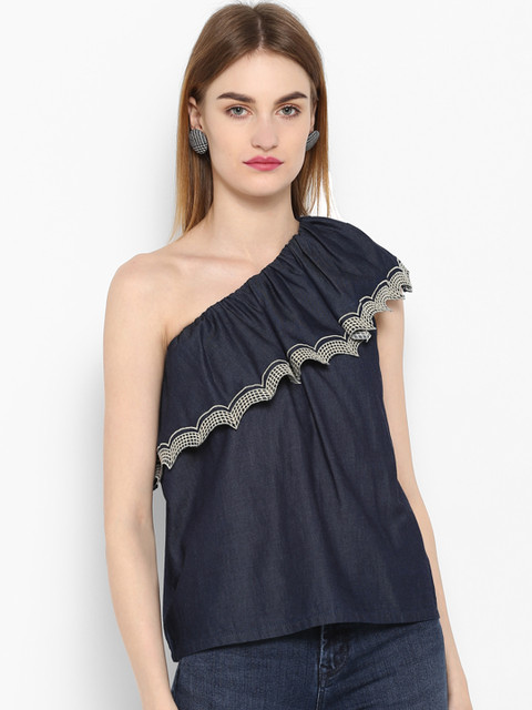 

FOSH Women Blue Solid A-Line Top