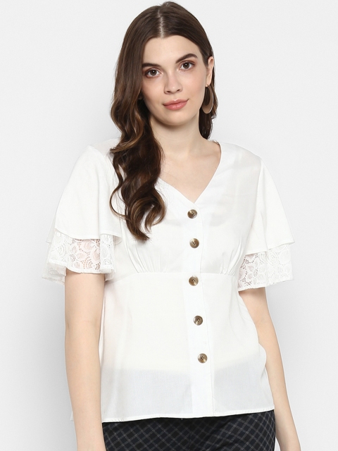 

FOSH Women White Self Design Empire Pure Cotton Top