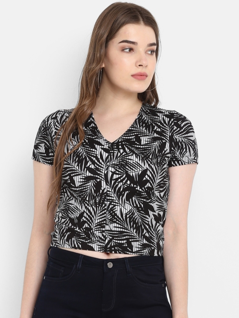 

FOSH Women Black & White Tropical Print Top