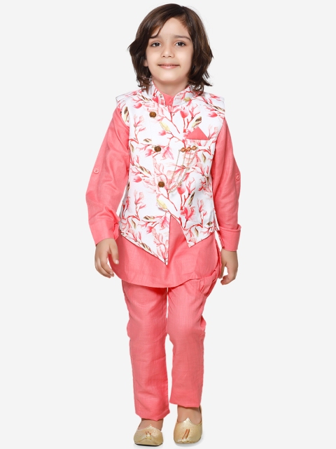 

Aj DEZInES Boys Pink & White Printed Kurta with Pyjamas & Nehru Jacket