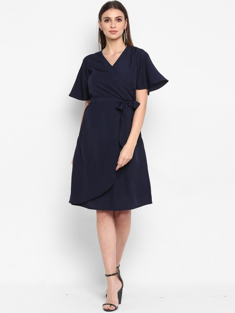 

Color Cocktail Women Navy Blue Solid Wrap Dress