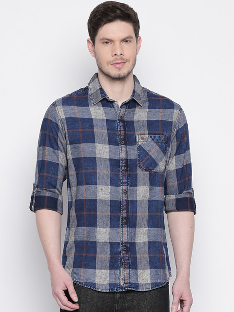 

Mufti Men Blue & Cream-Coloured Slim Fit Checked Casual Shirt