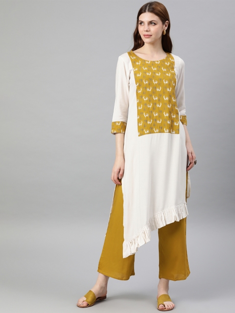 

ZIYAA Women Off-White & Mustard Yellow Yoke Design Straight Kurta