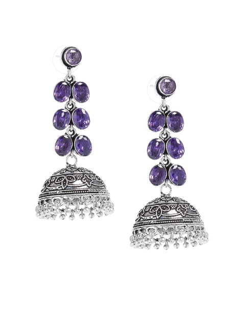 

Bamboo Tree Jewels Silver-Toned & Purple Dome Shaped Jhumkas