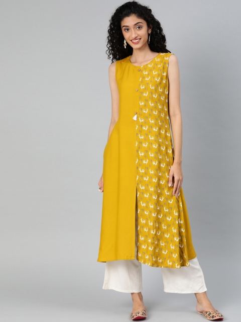 

ZIYAA Women Mustard Yellow & White Printed Panelled A-Line Kurta