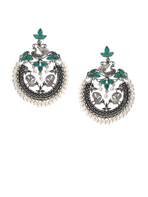 

Fabstreet Silver-Plated & Green Peacock Shaped Oxidised Drop Earrings