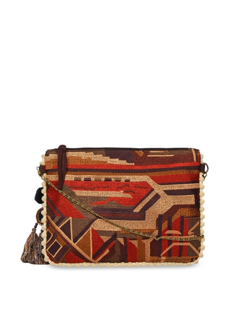 Anekaant Brown & Red Self Design Sling Bag
