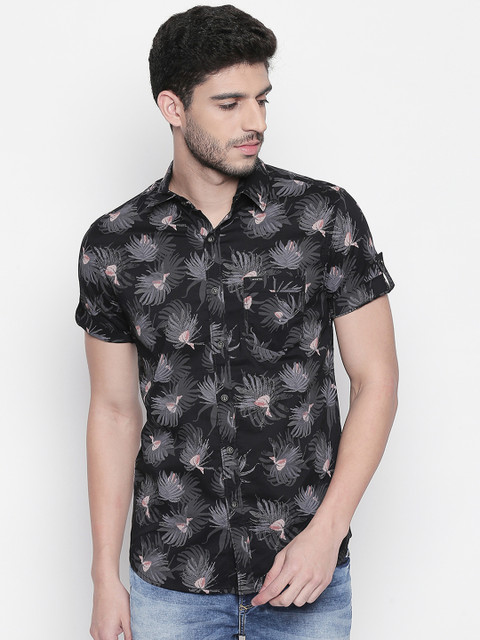 

Mufti Men Black & Peach-Coloured Slim Fit Printed Casual Shirt