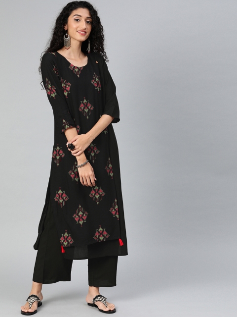 

ZIYAA Women Black & Pink Printed Straight Kurta