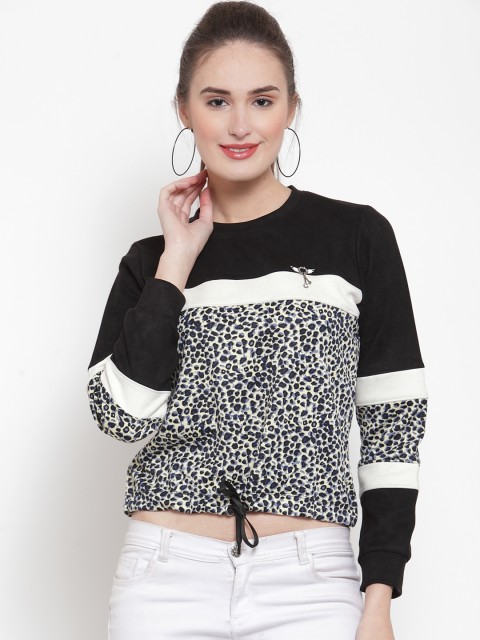 

armure Women Black & White Animal Printed Crop Pullover Sweatshirt
