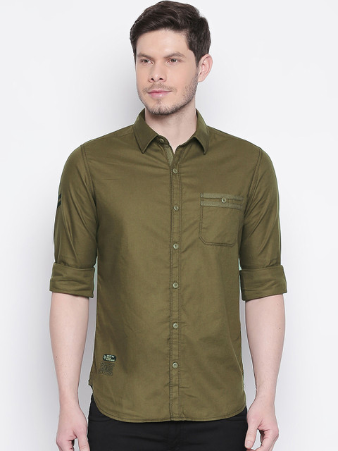 

Mufti Men Olive Green Solid Original Slim Fit Casual Shirt