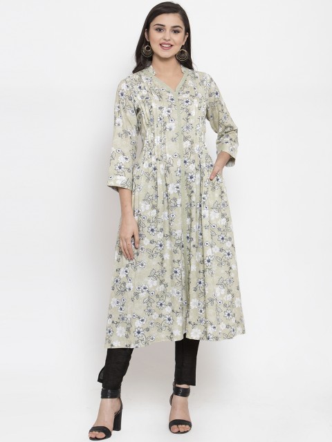 

Ayaany Women Green & Off-White Floral Print A-Line Kurta