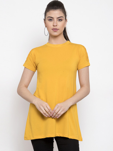 

Kalt Women Mustard Yellow Solid Round Neck T-shirt