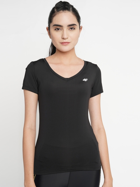 

4F Women Black Solid Round Neck T-shirt