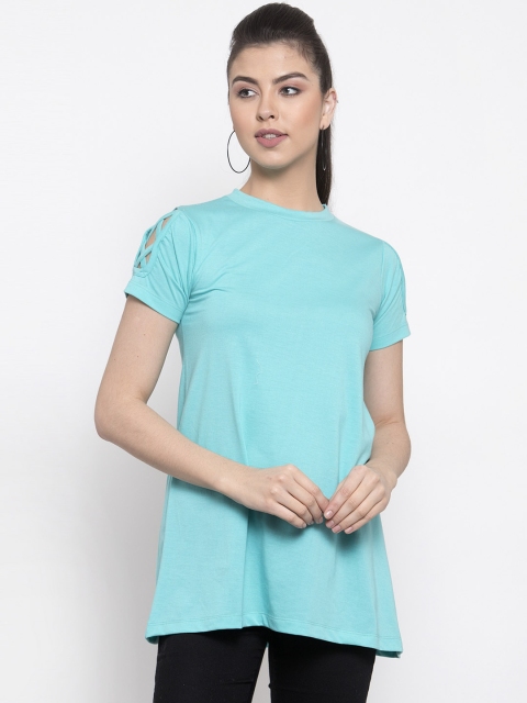Kalt Women Turquoise Blue Solid Round Neck T-shirt