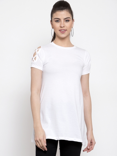 

Kalt Women White Solid Round Neck Longline T-shirt