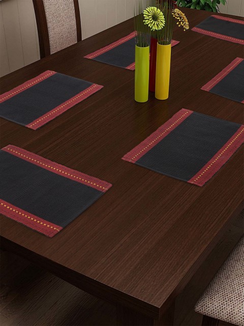 

NEUDIS Set of 6 Black & Maroon Colourblocked Hand-Woven Table Placemats