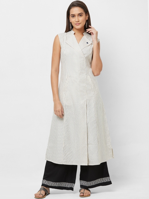 Fusion Beats Women Off-White & Grey Striped A-Line Kurta