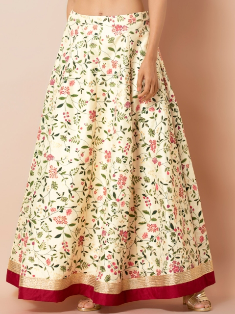 

INDYA Women Cream-Coloured & Green Printed A-Line Kalidar Maxi Skirt
